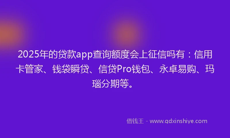 2025年的贷款app查询额度会上征信吗有：信用卡管家、钱袋瞬贷、信贷Pro钱包、永卓易购、玛瑙分期等。