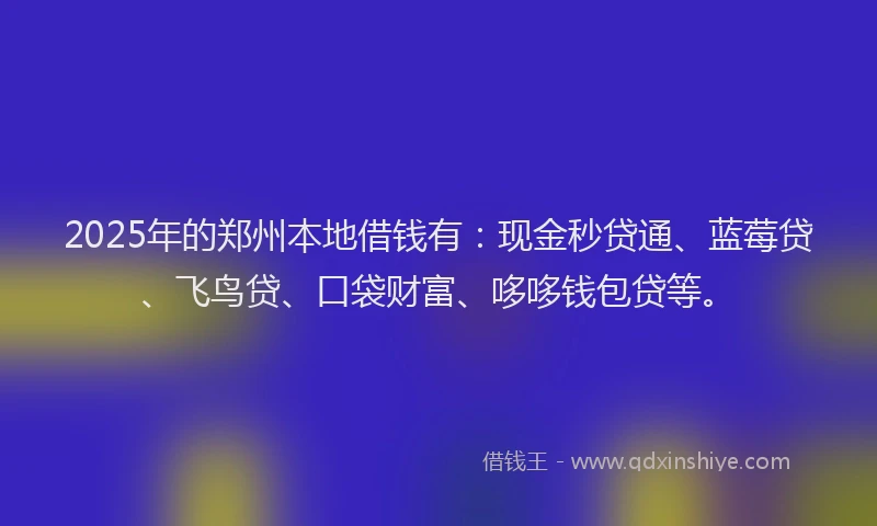 2025年的郑州本地借钱有：现金秒贷通、蓝莓贷、飞鸟贷、口袋财富、哆哆钱包贷等。