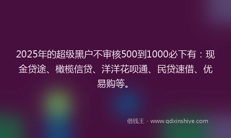 2025年的超级黑户不审核500到1000必下有：现金贷途、橄榄信贷、洋洋花呗通、民贷速借、优易购等。