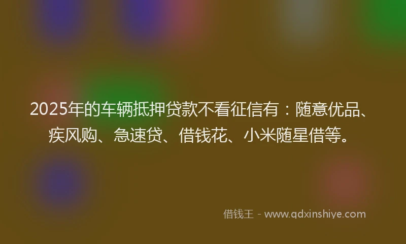 2025年的车辆抵押贷款不看征信有：随意优品、疾风购、急速贷、借钱花、小米随星借等。