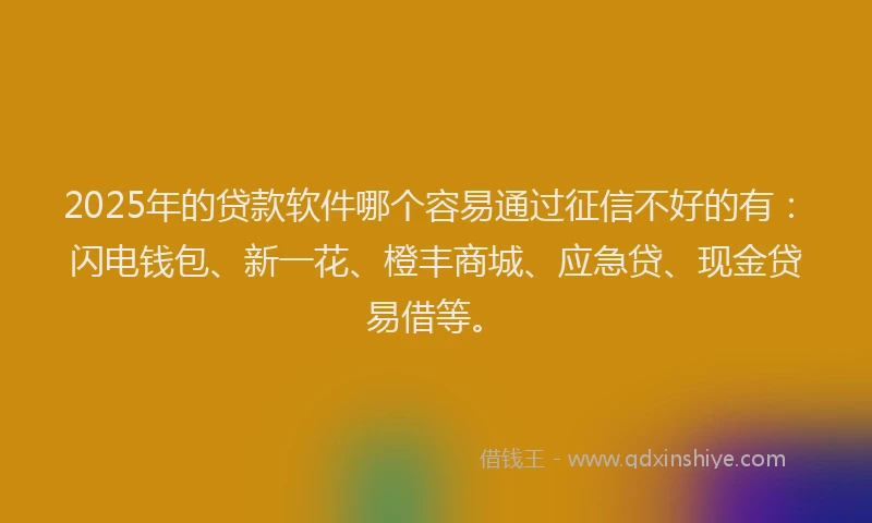 2025年的贷款软件哪个容易通过征信不好的有：闪电钱包、新一花、橙丰商城、应急贷、现金贷易借等。