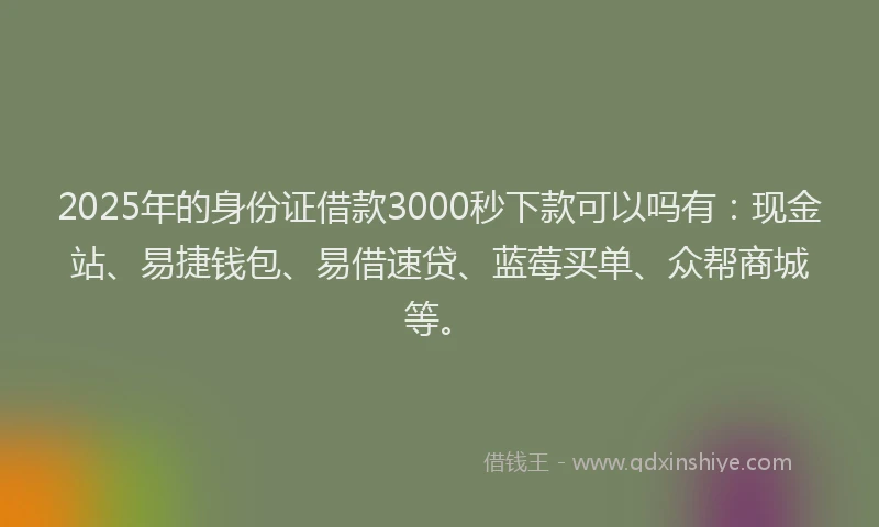 2025年的身份证借款3000秒下款可以吗有：现金站、易捷钱包、易借速贷、蓝莓买单、众帮商城等。