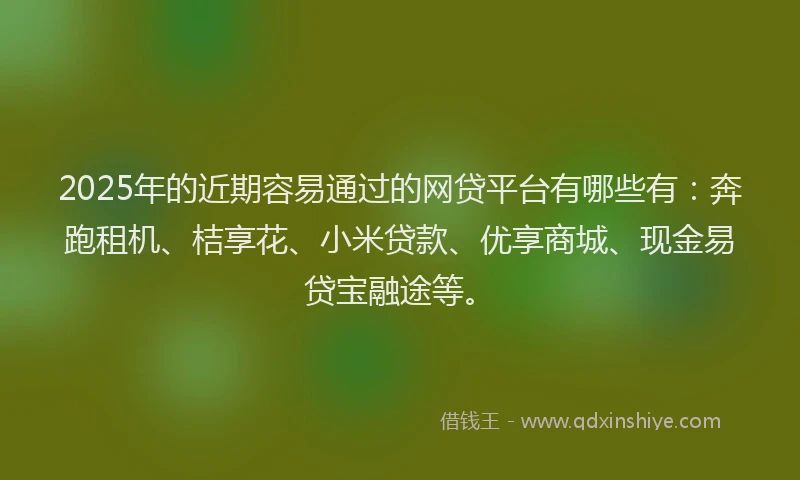 2025年的近期容易通过的网贷平台有哪些有：奔跑租机、桔享花、小米贷款、优享商城、现金易贷宝融途等。
