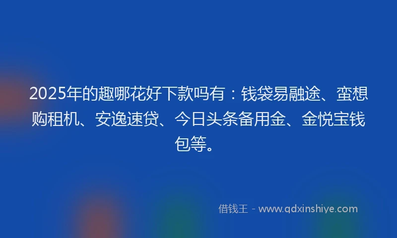 2025年的趣哪花好下款吗有：钱袋易融途、蛮想购租机、安逸速贷、今日头条备用金、金悦宝钱包等。