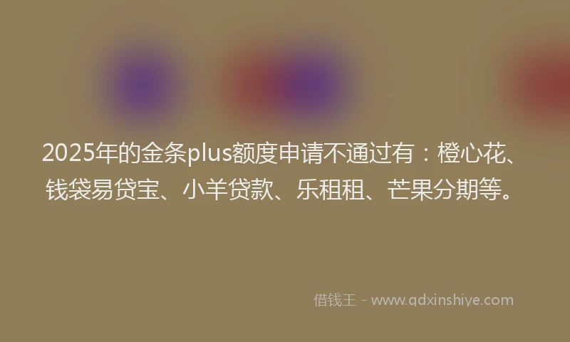 2025年的金条plus额度申请不通过有：橙心花、钱袋易贷宝、小羊贷款、乐租租、芒果分期等。