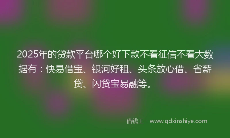 2025年的贷款平台哪个好下款不看征信不看大数据有：快易借宝、银河好租、头条放心借、省薪贷、闪贷宝易融等。