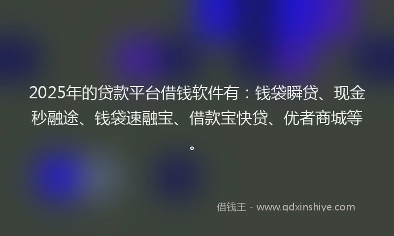 2025年的贷款平台借钱软件有：钱袋瞬贷、现金秒融途、钱袋速融宝、借款宝快贷、优者商城等。