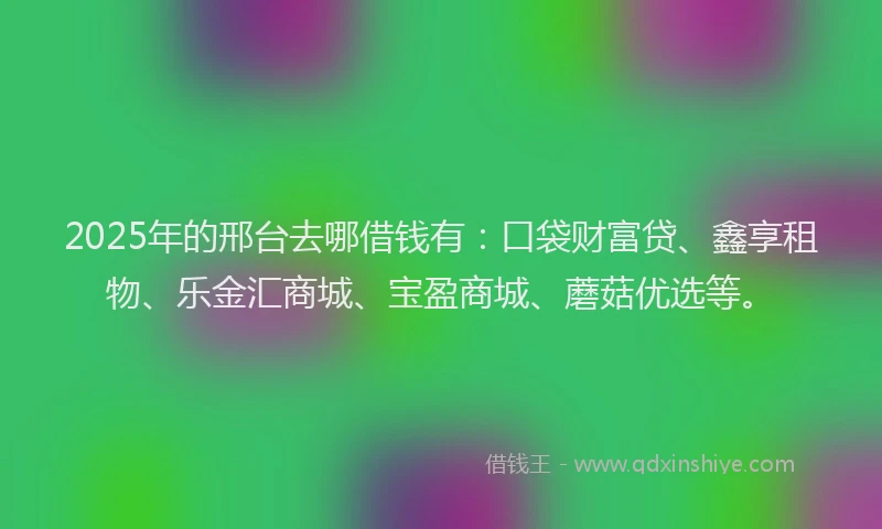 2025年的邢台去哪借钱有：口袋财富贷、鑫享租物、乐金汇商城、宝盈商城、蘑菇优选等。