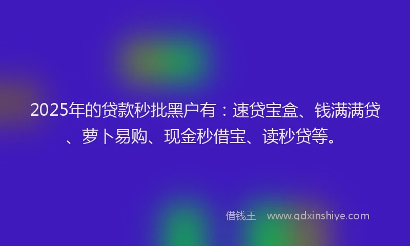 2025年的贷款秒批黑户有：速贷宝盒、钱满满贷、萝卜易购、现金秒借宝、读秒贷等。