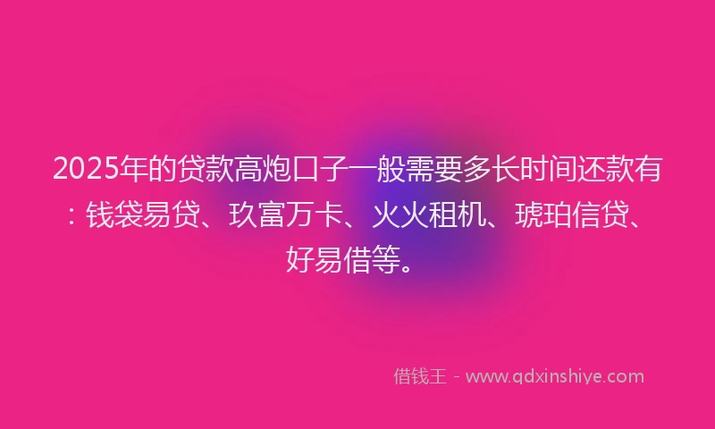 2025年的贷款高炮口子一般需要多长时间还款有：钱袋易贷、玖富万卡、火火租机、琥珀信贷、好易借等。