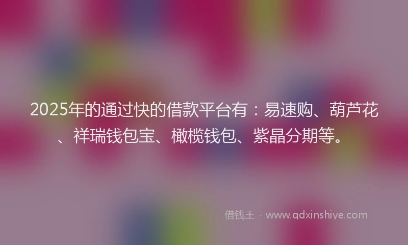 2025年的通过快的借款平台有：易速购、葫芦花、祥瑞钱包宝、橄榄钱包、紫晶分期等。