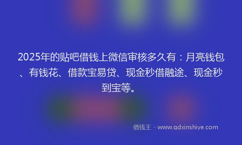 2025年的贴吧借钱上微信审核多久有：月亮钱包、有钱花、借款宝易贷、现金秒借融途、现金秒到宝等。