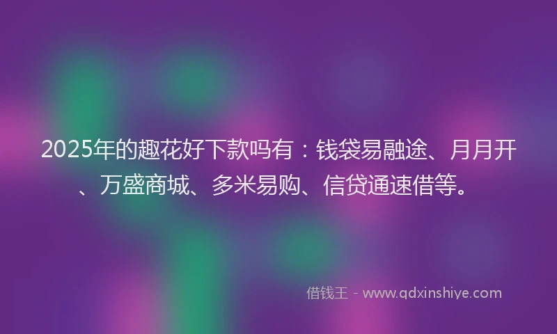 2025年的趣花好下款吗有：钱袋易融途、月月开、万盛商城、多米易购、信贷通速借等。