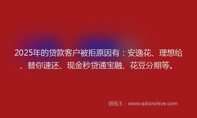 2025年的贷款客户被拒原因有：安逸花、理想给、替你速还、现金秒贷通宝融、花豆分期等。