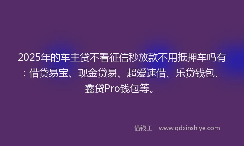 2025年的车主贷不看征信秒放款不用抵押车吗有：借贷易宝、现金贷易、超爱速借、乐贷钱包、鑫贷Pro钱包等。