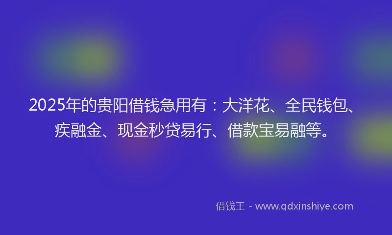 2025年的贵阳借钱急用有：大洋花、全民钱包、疾融金、现金秒贷易行、借款宝易融等。