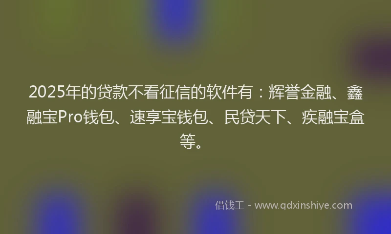 2025年的贷款不看征信的软件有：辉誉金融、鑫融宝Pro钱包、速享宝钱包、民贷天下、疾融宝盒等。