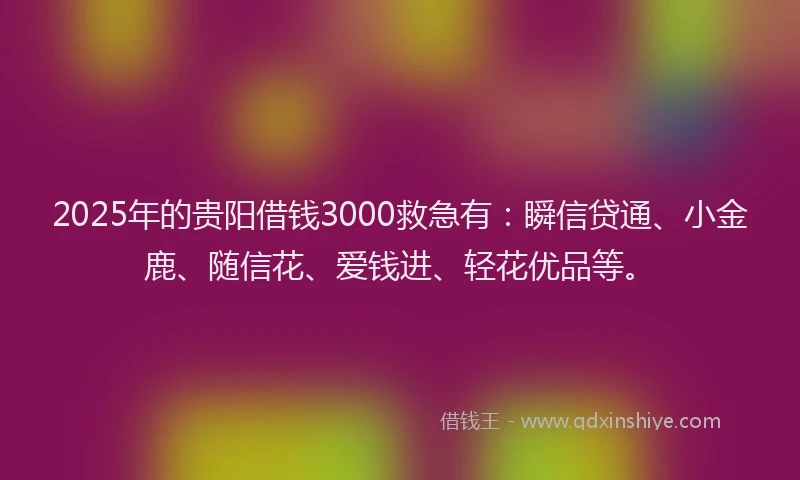 2025年的贵阳借钱3000救急有：瞬信贷通、小金鹿、随信花、爱钱进、轻花优品等。