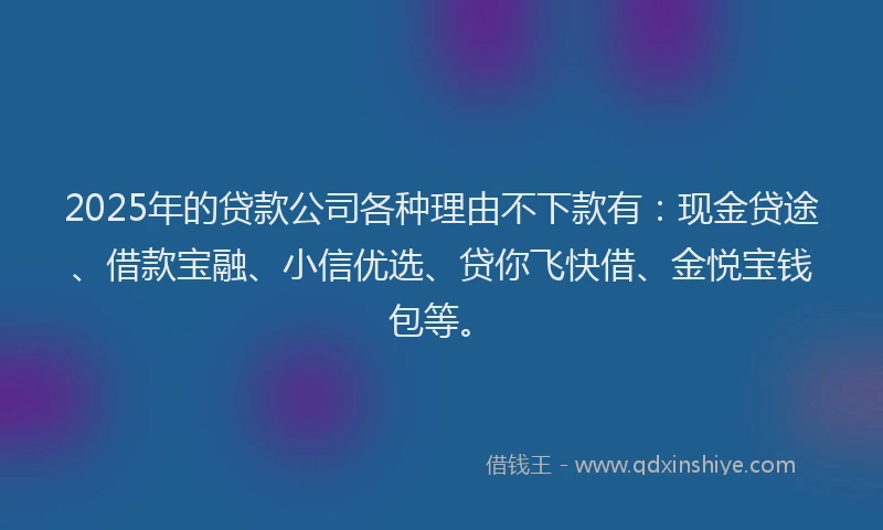 2025年的贷款公司各种理由不下款有：现金贷途、借款宝融、小信优选、贷你飞快借、金悦宝钱包等。