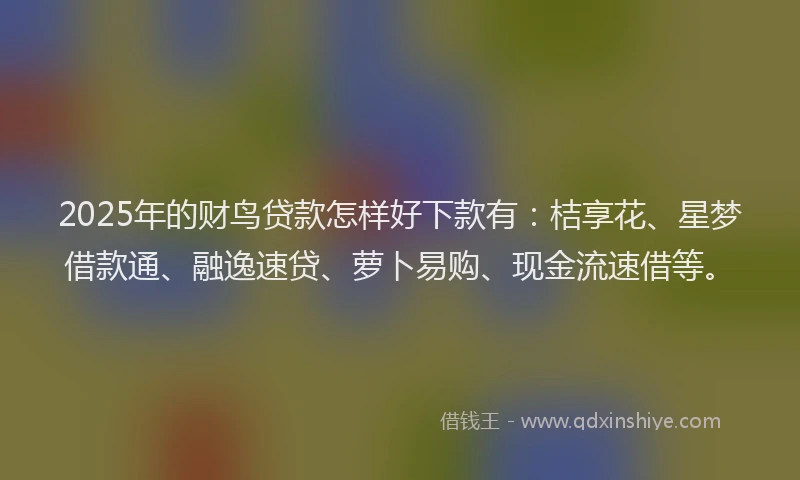 2025年的财鸟贷款怎样好下款有：桔享花、星梦借款通、融逸速贷、萝卜易购、现金流速借等。