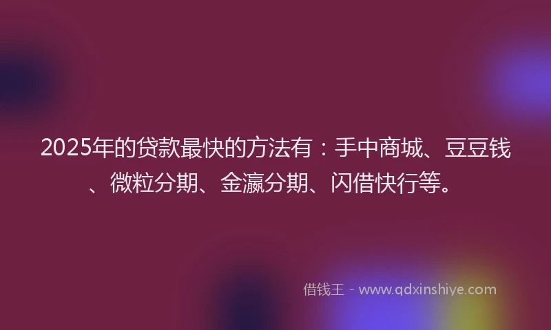 2025年的贷款最快的方法有：手中商城、豆豆钱、微粒分期、金瀛分期、闪借快行等。