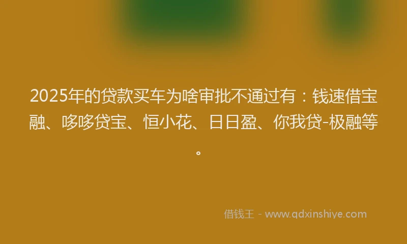 2025年的贷款买车为啥审批不通过有：钱速借宝融、哆哆贷宝、恒小花、日日盈、你我贷-极融等。