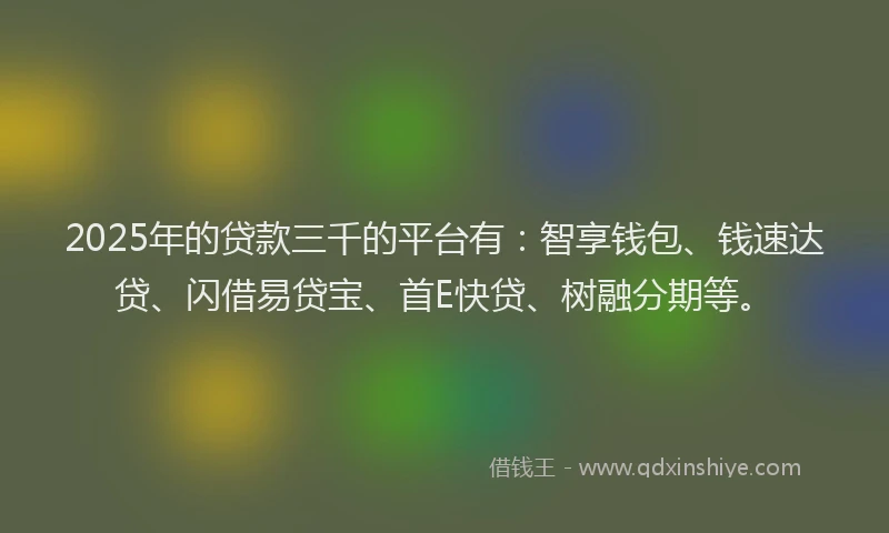 2025年的贷款三千的平台有：智享钱包、钱速达贷、闪借易贷宝、首E快贷、树融分期等。