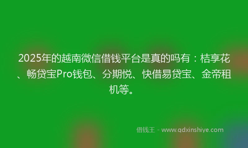 2025年的越南微信借钱平台是真的吗有：桔享花、畅贷宝Pro钱包、分期悦、快借易贷宝、金帝租机等。