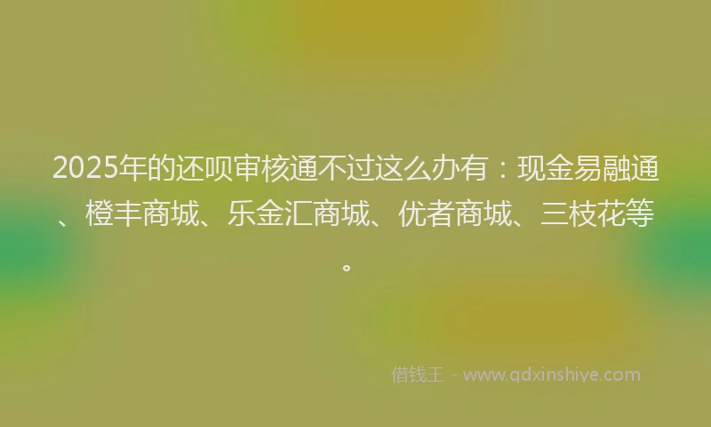 2025年的还呗审核通不过这么办有：现金易融通、橙丰商城、乐金汇商城、优者商城、三枝花等。