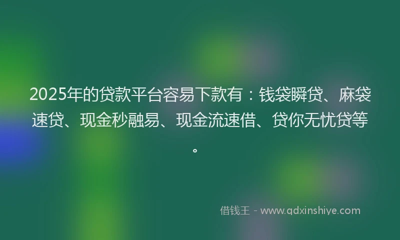 2025年的贷款平台容易下款有：钱袋瞬贷、麻袋速贷、现金秒融易、现金流速借、贷你无忧贷等。