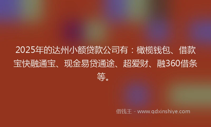 2025年的达州小额贷款公司有：橄榄钱包、借款宝快融通宝、现金易贷通途、超爱财、融360借条等。