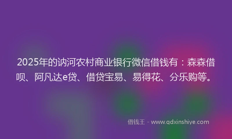 2025年的讷河农村商业银行微信借钱有：森森借呗、阿凡达e贷、借贷宝易、易得花、分乐购等。