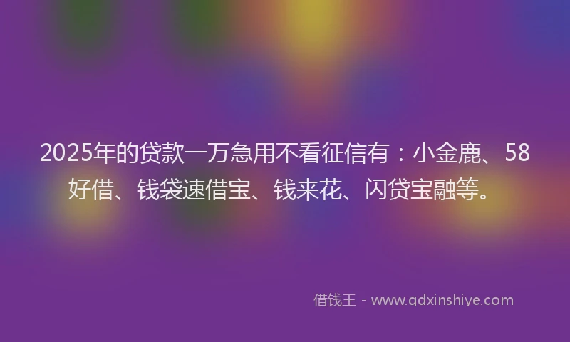 2025年的贷款一万急用不看征信有：小金鹿、58好借、钱袋速借宝、钱来花、闪贷宝融等。