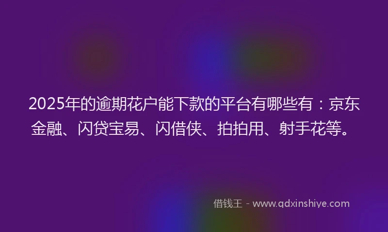 2025年的逾期花户能下款的平台有哪些有：京东金融、闪贷宝易、闪借侠、拍拍用、射手花等。