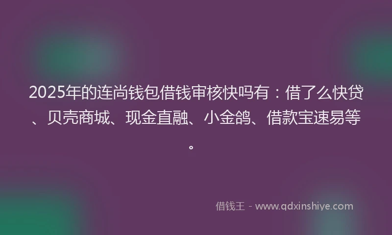 2025年的连尚钱包借钱审核快吗有：借了么快贷、贝壳商城、现金直融、小金鸽、借款宝速易等。