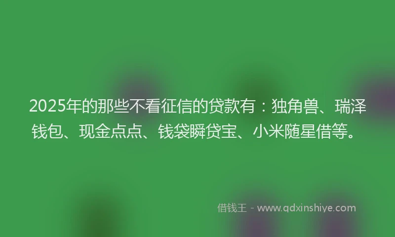 2025年的那些不看征信的贷款有：独角兽、瑞泽钱包、现金点点、钱袋瞬贷宝、小米随星借等。