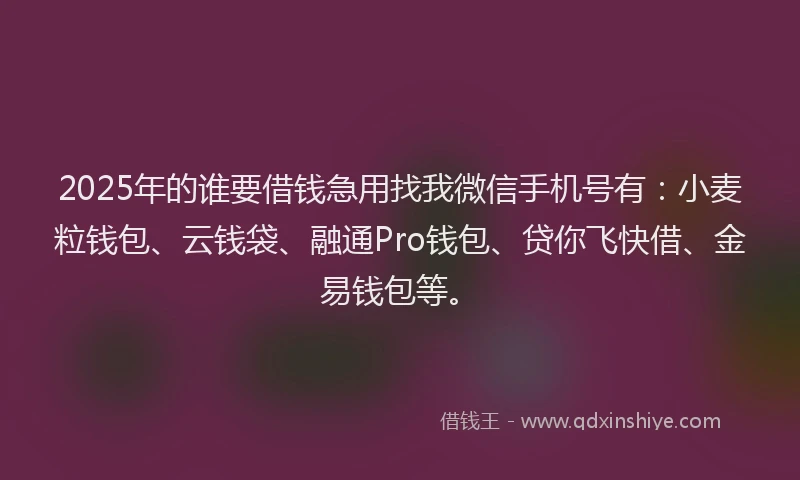 2025年的谁要借钱急用找我微信手机号有：小麦粒钱包、云钱袋、融通Pro钱包、贷你飞快借、金易钱包等。