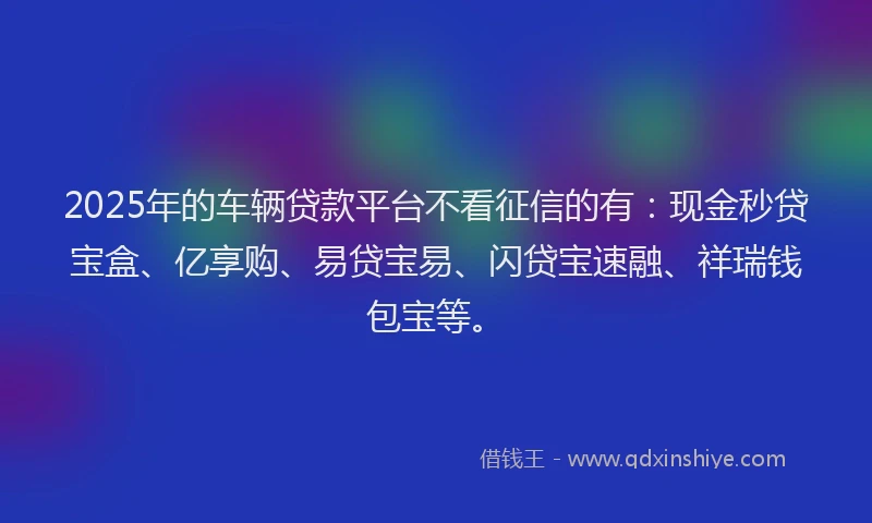 2025年的车辆贷款平台不看征信的有：现金秒贷宝盒、亿享购、易贷宝易、闪贷宝速融、祥瑞钱包宝等。