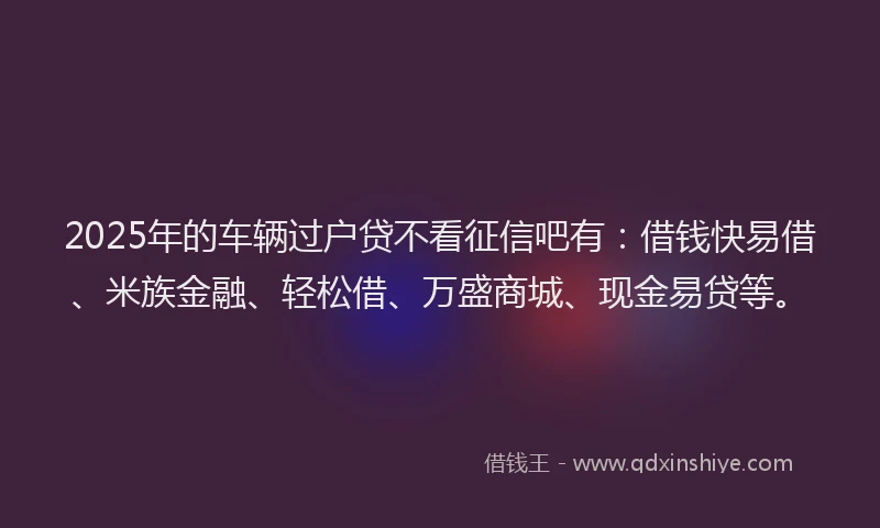 2025年的车辆过户贷不看征信吧有：借钱快易借、米族金融、轻松借、万盛商城、现金易贷等。