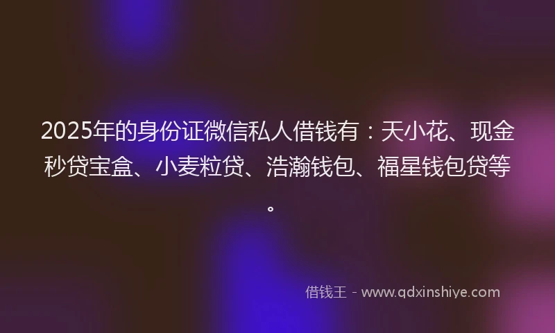 2025年的身份证微信私人借钱有：天小花、现金秒贷宝盒、小麦粒贷、浩瀚钱包、福星钱包贷等。