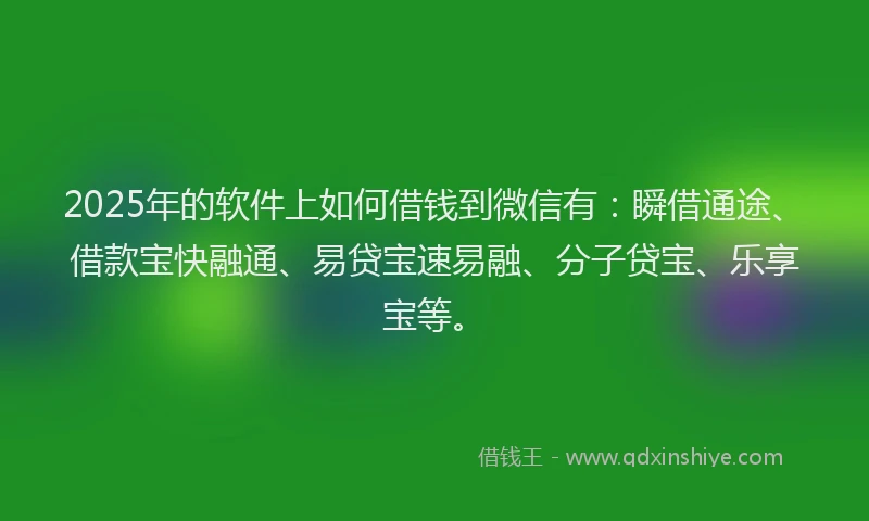2025年的软件上如何借钱到微信有：瞬借通途、借款宝快融通、易贷宝速易融、分子贷宝、乐享宝等。