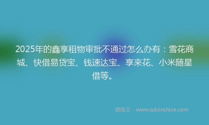 2025年的鑫享租物审批不通过怎么办有：雪花商城、快借易贷宝、钱速达宝、享来花、小米随星借等。