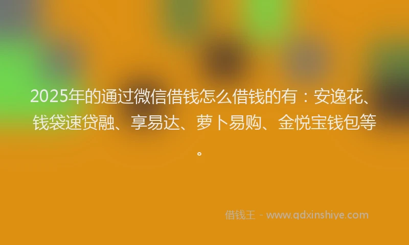2025年的通过微信借钱怎么借钱的有：安逸花、钱袋速贷融、享易达、萝卜易购、金悦宝钱包等。