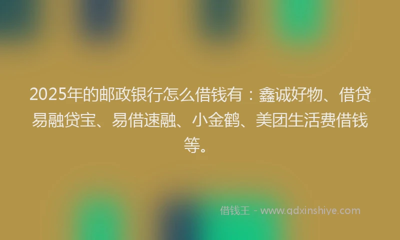 2025年的邮政银行怎么借钱有：鑫诚好物、借贷易融贷宝、易借速融、小金鹤、美团生活费借钱等。