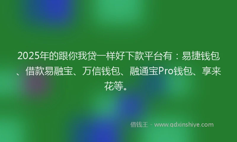 2025年的跟你我贷一样好下款平台有：易捷钱包、借款易融宝、万信钱包、融通宝Pro钱包、享来花等。