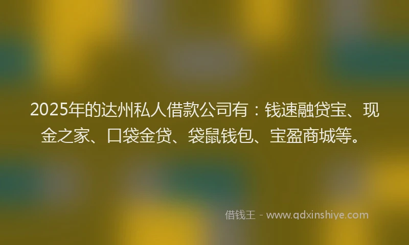 2025年的达州私人借款公司有：钱速融贷宝、现金之家、口袋金贷、袋鼠钱包、宝盈商城等。