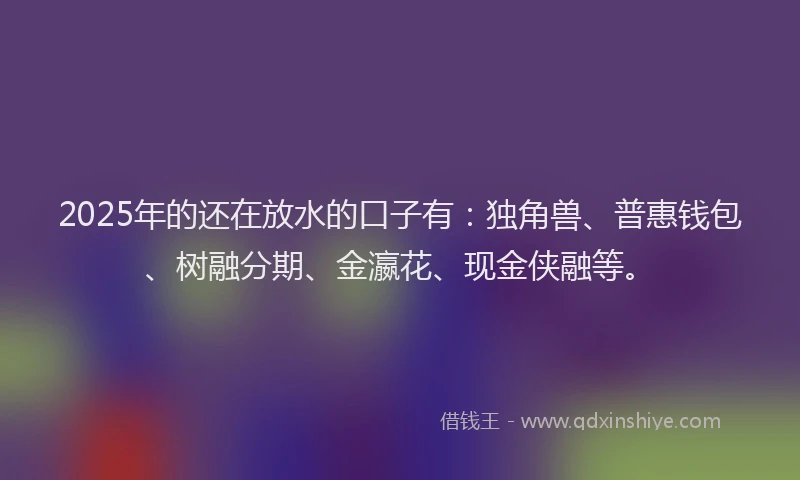 2025年的还在放水的口子有：独角兽、普惠钱包、树融分期、金瀛花、现金侠融等。