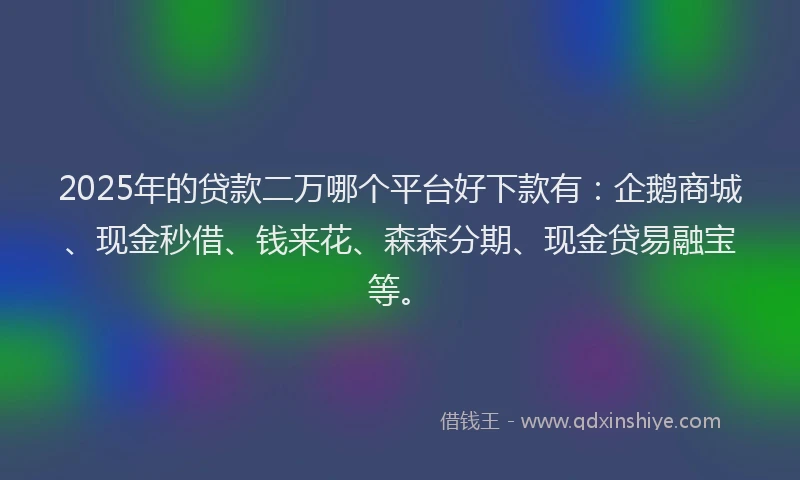 2025年的贷款二万哪个平台好下款有：企鹅商城、现金秒借、钱来花、森森分期、现金贷易融宝等。