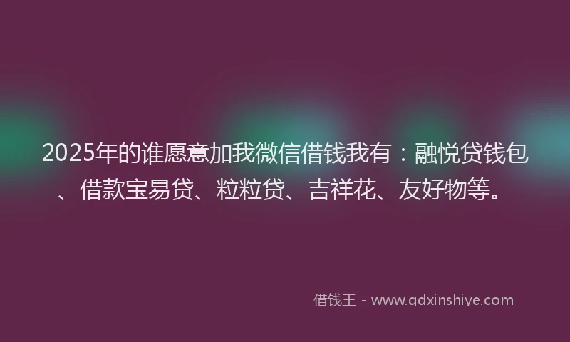 2025年的谁愿意加我微信借钱我有：融悦贷钱包、借款宝易贷、粒粒贷、吉祥花、友好物等。