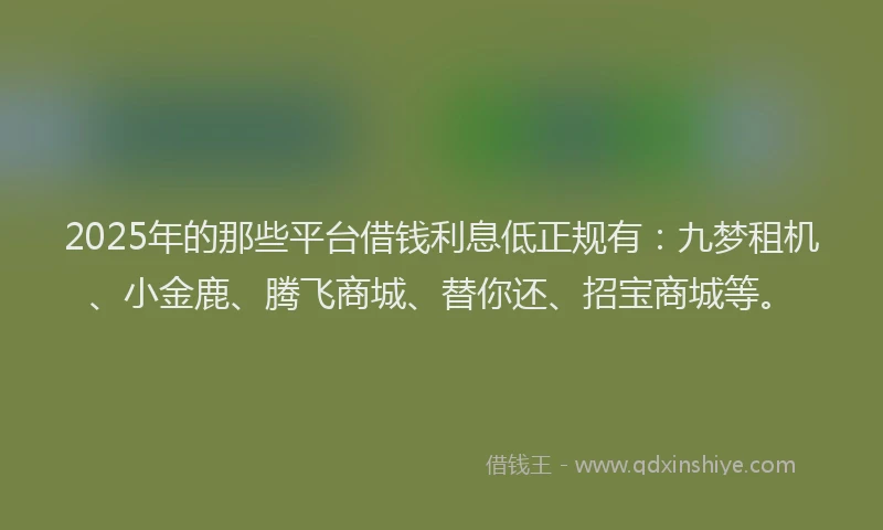 2025年的那些平台借钱利息低正规有：九梦租机、小金鹿、腾飞商城、替你还、招宝商城等。